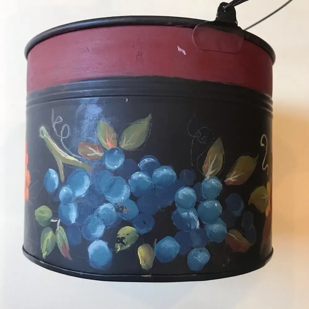 Cottagecore Hand painted Toleware Tin Bucket w/ Lid, Features a Fruit Motif